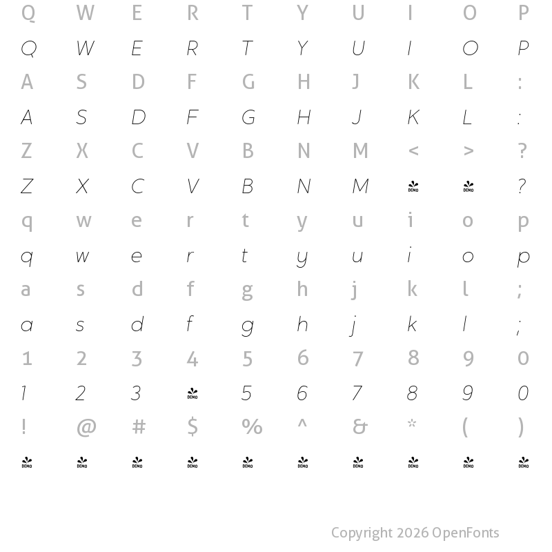 Character Map of FONTSPRING DEMO - Crossten Thin Italic Regular