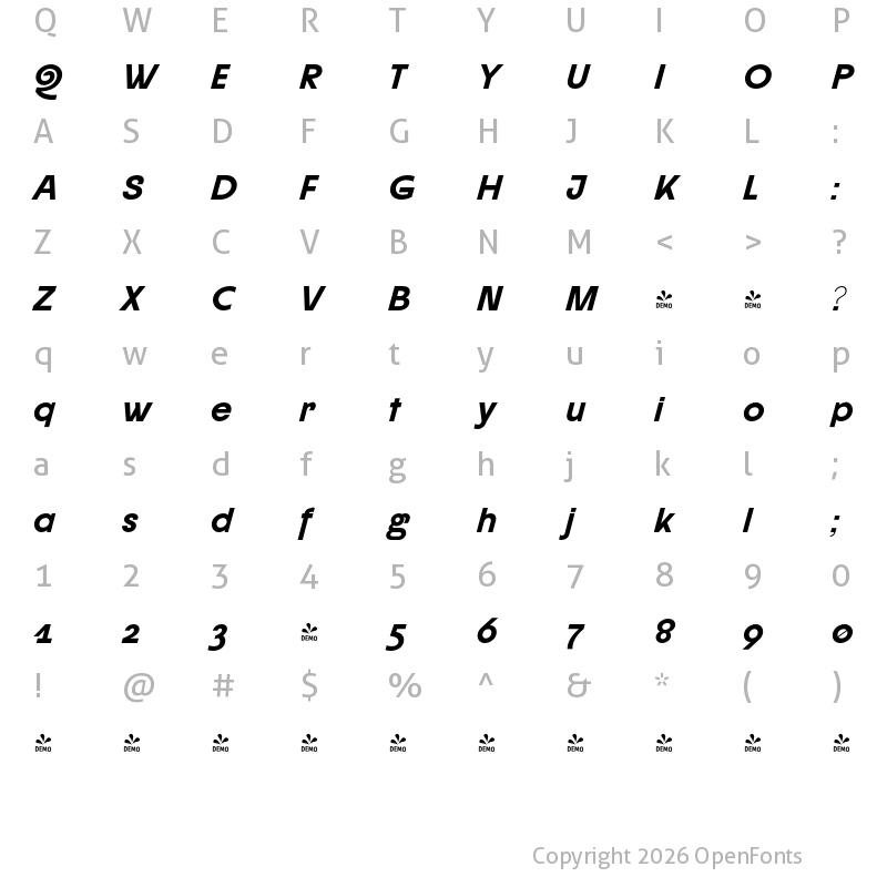 Character Map of FONTSPRING DEMO - CUKIER Bold Italic
