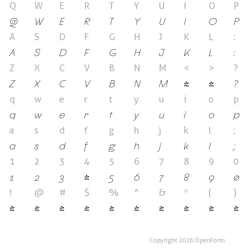 Character Map of FONTSPRING DEMO - CUKIER ExtraLight Italic