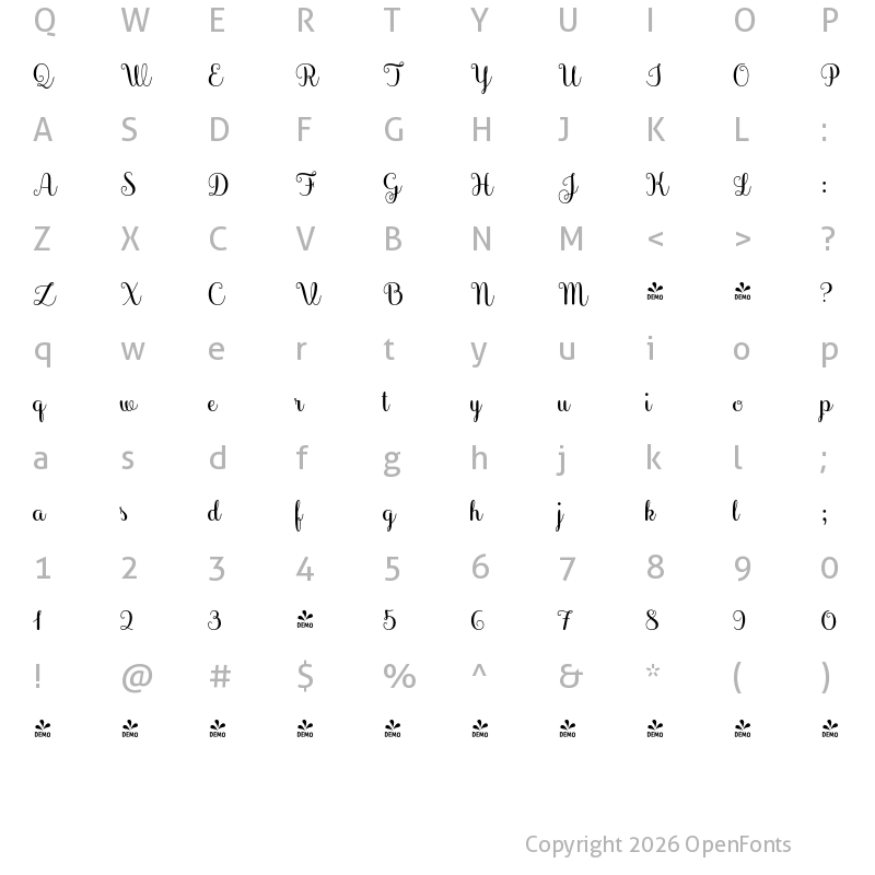 Character Map of FONTSPRING DEMO - Culinary Script Bold Regular