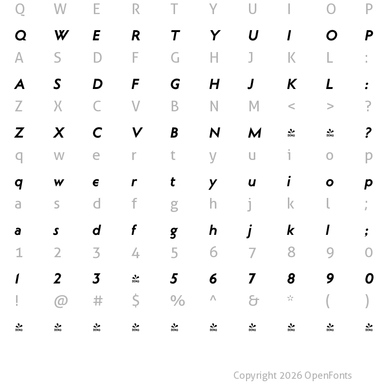 Character Map of FONTSPRING DEMO - Curwen Sans Bold Italic