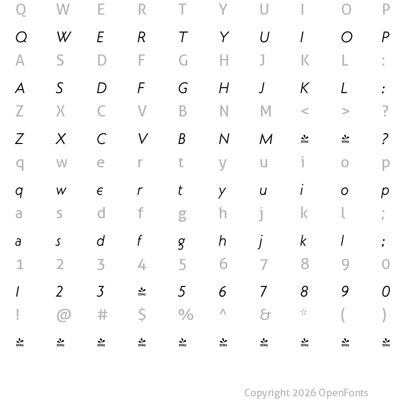 Character Map of FONTSPRING DEMO - Curwen Sans Italic