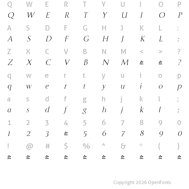 Character Map of FONTSPRING DEMO - Cyan Light Italic