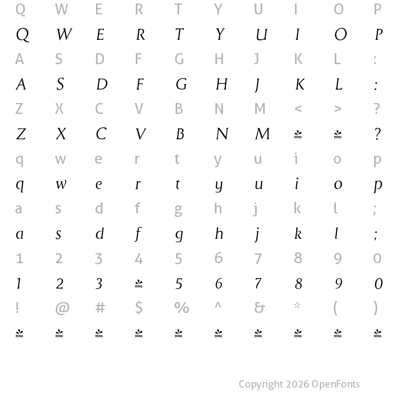 Character Map of FONTSPRING DEMO - Cyan Neue Italic