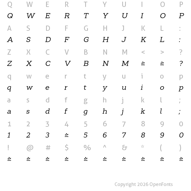 Character Map of FONTSPRING DEMO - Cyntho Next Slab Italic
