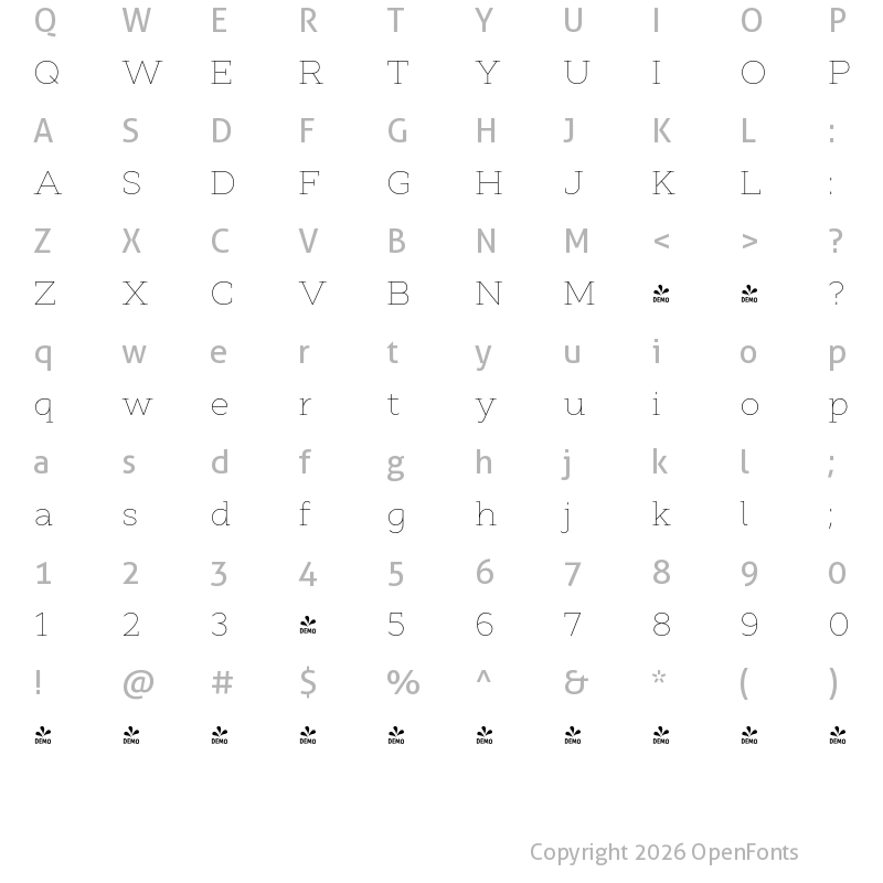 Character Map of FONTSPRING DEMO - Cyntho Next Slab Thin Regular