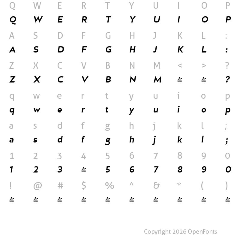 Character Map of FONTSPRING DEMO - D Hanna Heavy Italic