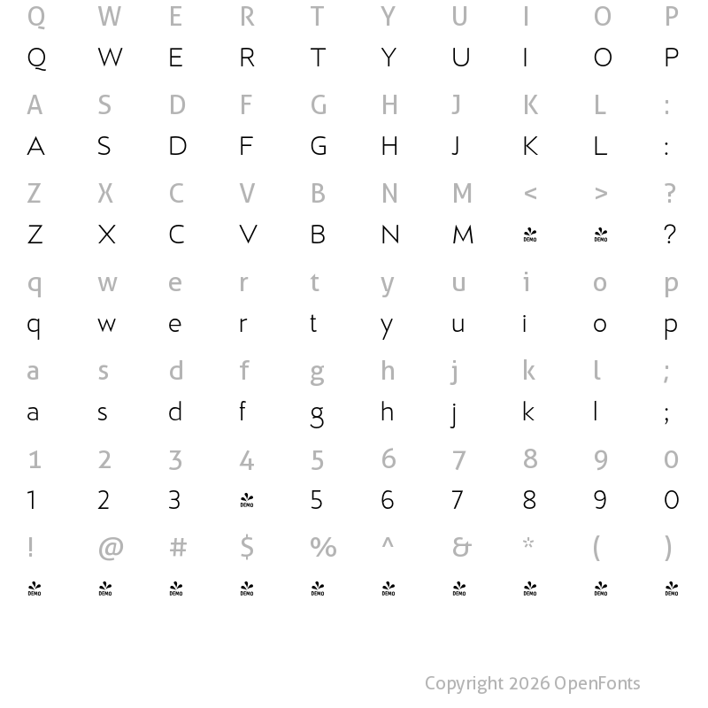 Character Map of FONTSPRING DEMO - D Hanna Light