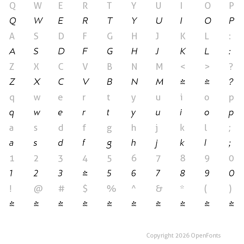 Character Map of FONTSPRING DEMO - D Hanna Soft Book Italic Regular