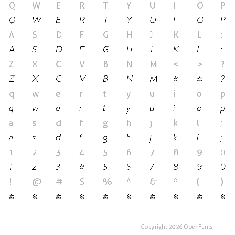 Character Map of FONTSPRING DEMO - D Hanna Soft Light Italic Regular