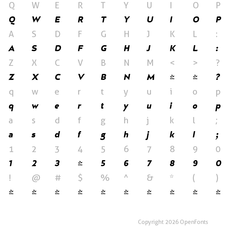 Character Map of FONTSPRING DEMO - D Hanna Soft Ultra Black Italic Regular