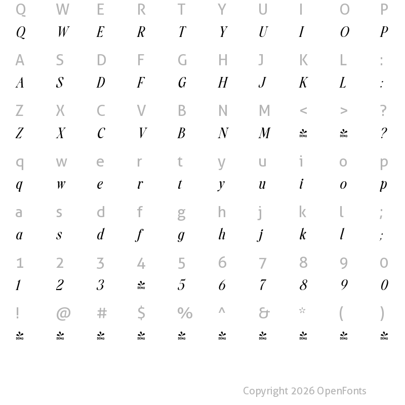 Character Map of FONTSPRING DEMO - Daily Flashback Italic