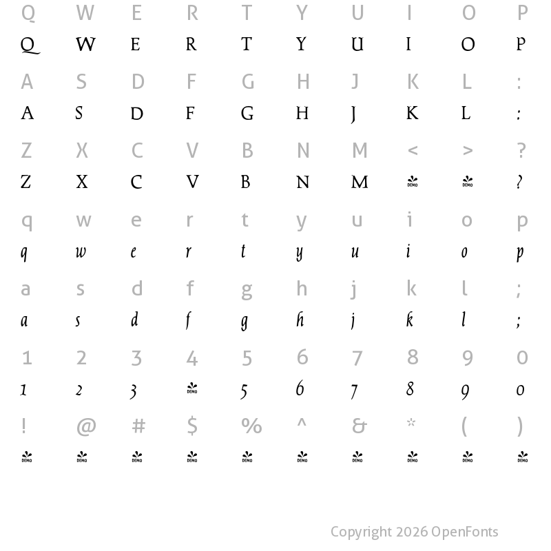 Character Map of FONTSPRING DEMO - Dair 67 Italic