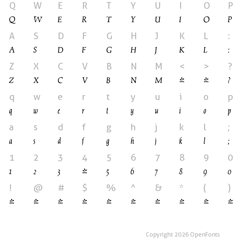 Character Map of FONTSPRING DEMO - Dair Italic