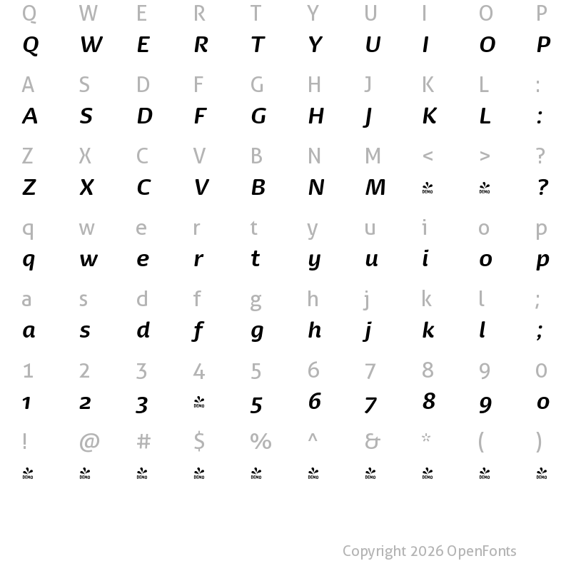 Character Map of FONTSPRING DEMO - Dancer Pro Bold Italic