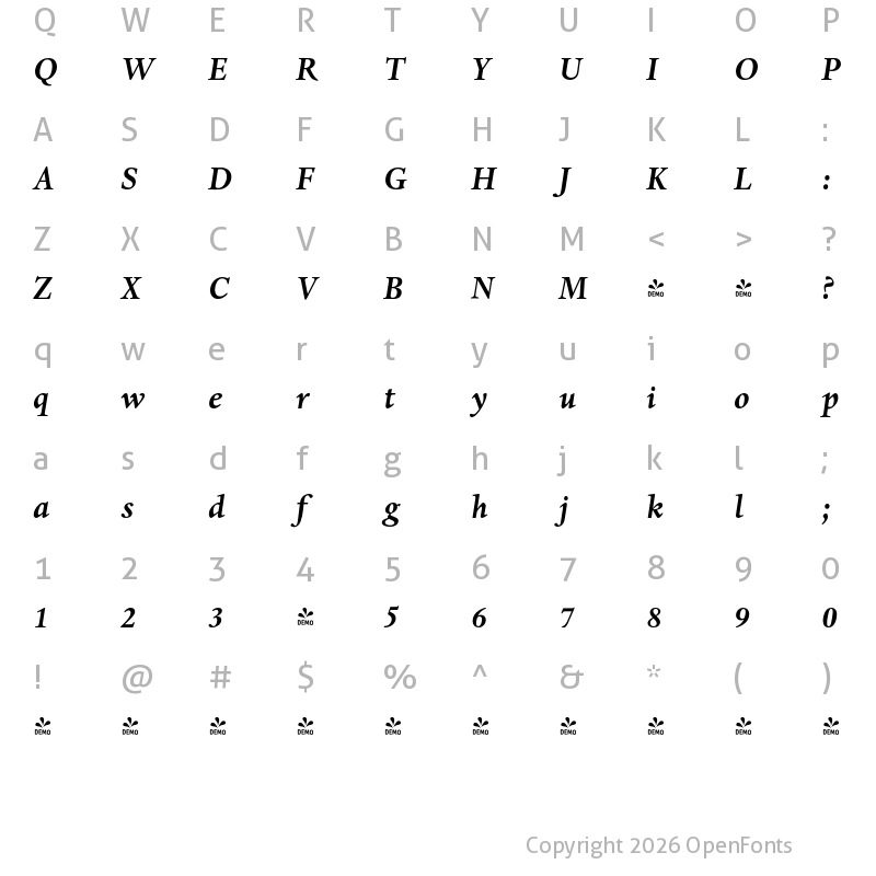 Character Map of FONTSPRING DEMO - Danton Bold Italic