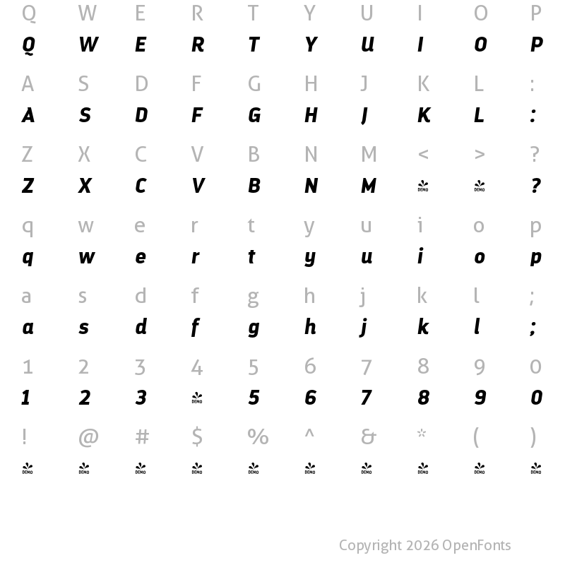 Character Map of FONTSPRING DEMO - DarwinAltOffice Bold Italic