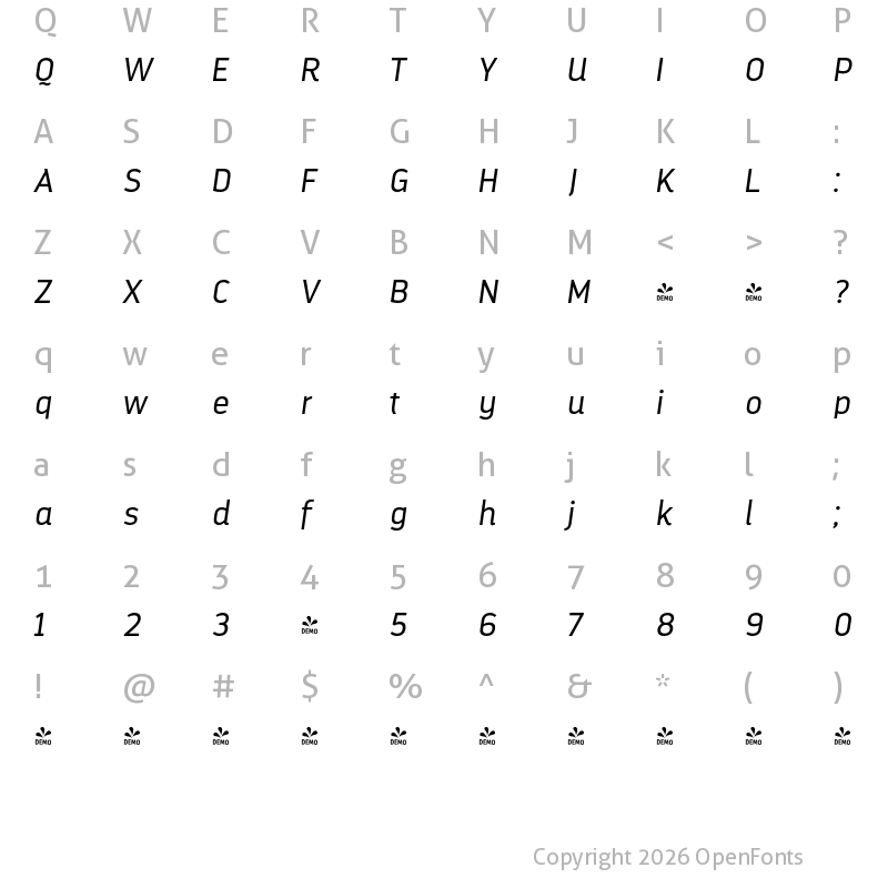 Character Map of FONTSPRING DEMO - DarwinAltOffice Italic