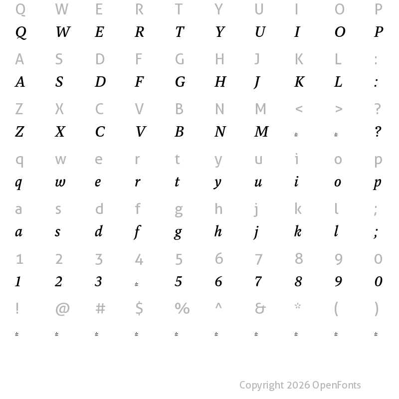 Character Map of FONTSPRING DEMO - Dashiell Text Medium Italic