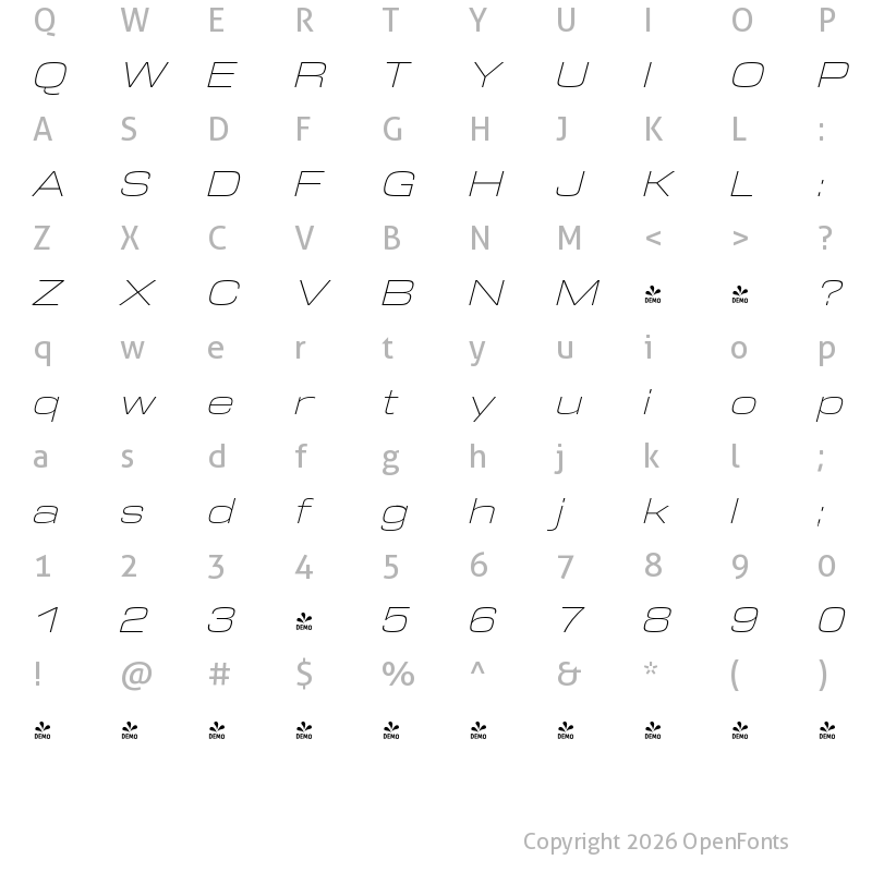 Character Map of FONTSPRING DEMO - DDT ExtLt Ext Italic