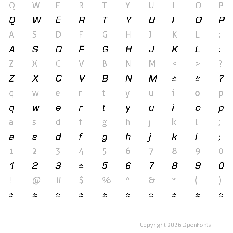 Character Map of FONTSPRING DEMO - DDT Italic