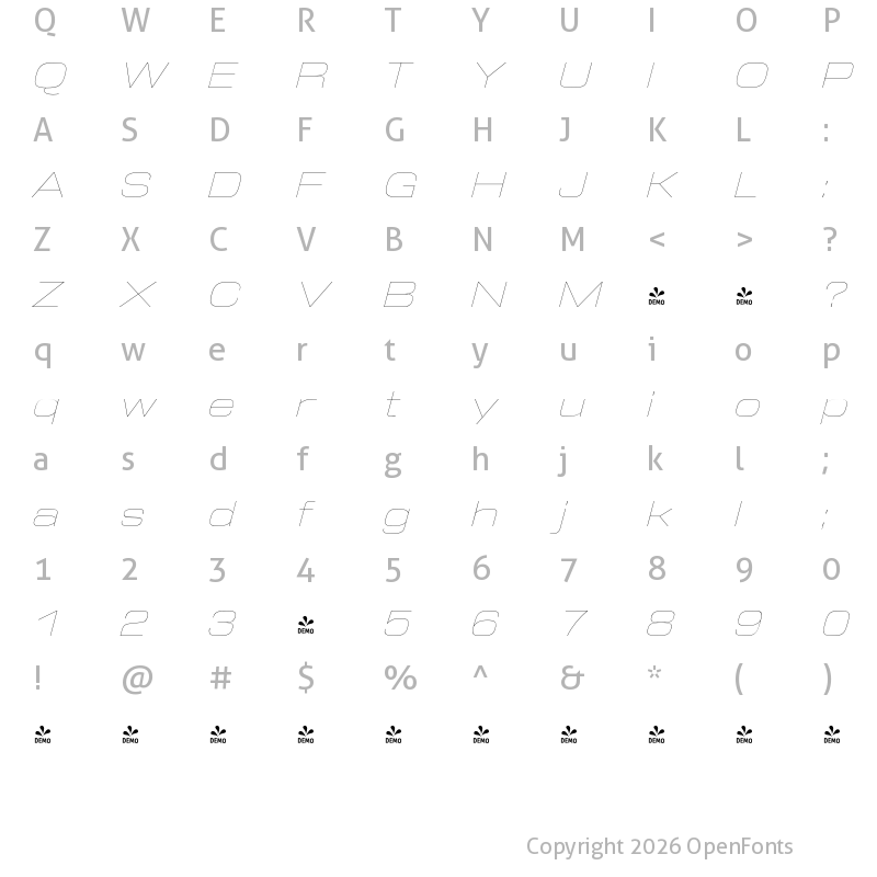 Character Map of FONTSPRING DEMO - DDT UltLt Ext Italic