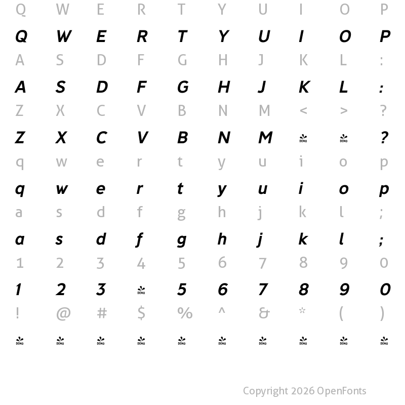 Character Map of FONTSPRING DEMO - Deansgate Bold Italic