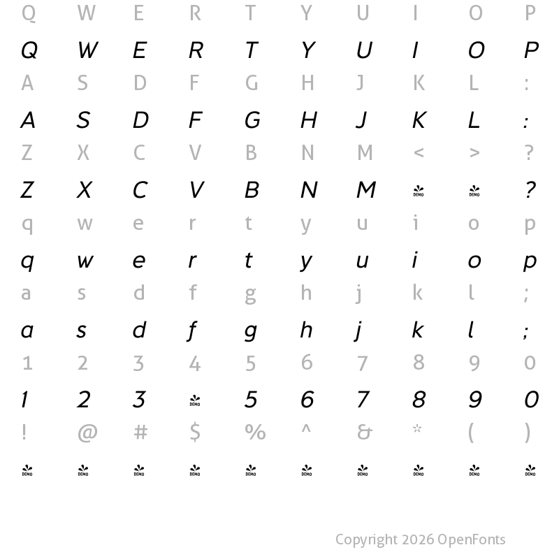 Character Map of FONTSPRING DEMO - Deansgate Italic