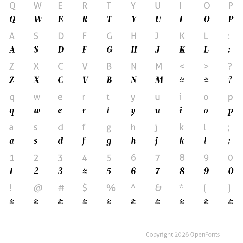 Character Map of FONTSPRING DEMO - Debira Bold Italic