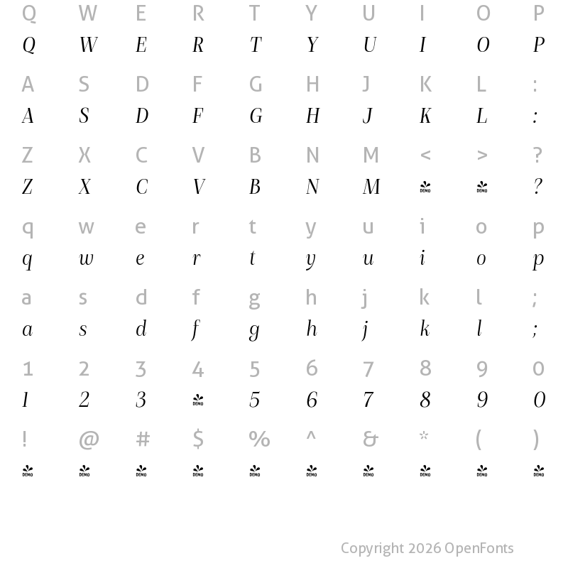 Character Map of FONTSPRING DEMO - Debira Italic