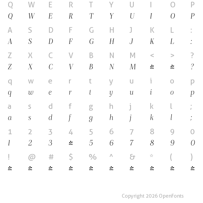 Character Map of FONTSPRING DEMO - Debira Light Italic