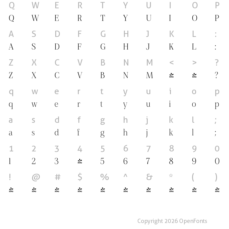 Character Map of FONTSPRING DEMO - Debira Light Regular