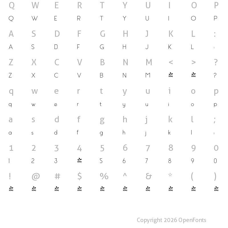 Character Map of FONTSPRING DEMO - Debock Sans Light
