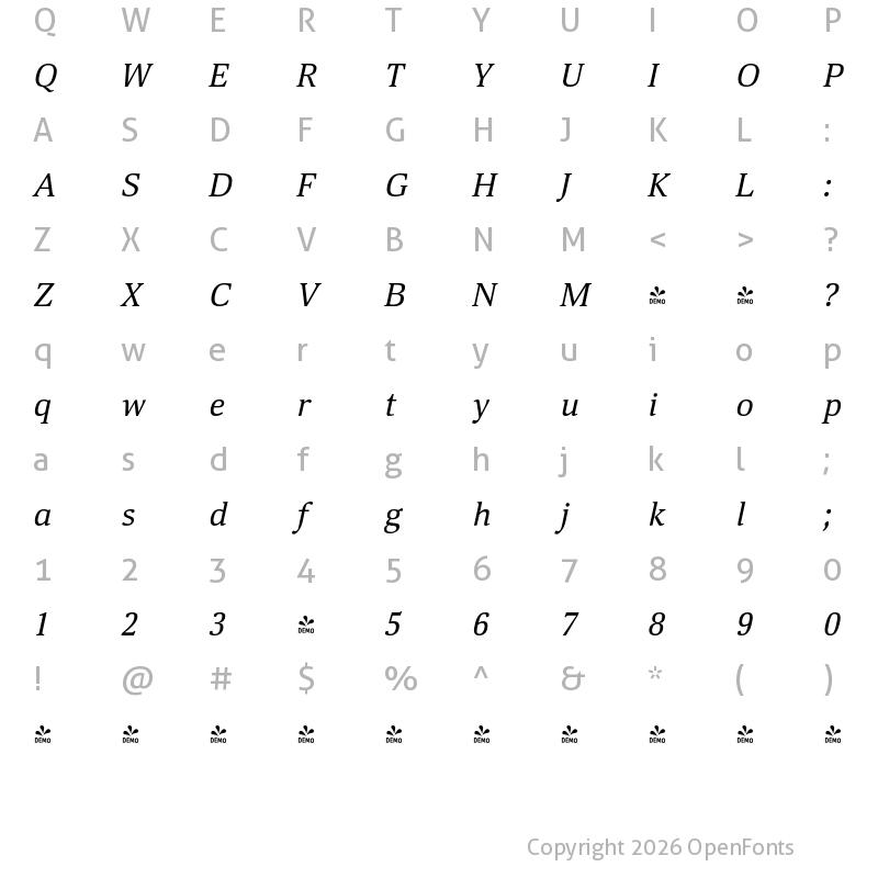 Character Map of FONTSPRING DEMO - Deca Serif New Italic