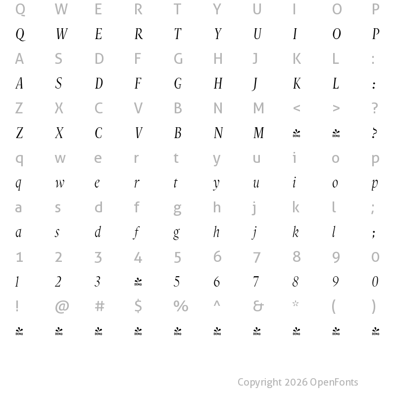 Character Map of FONTSPRING DEMO - Decennie JY Titling Italic