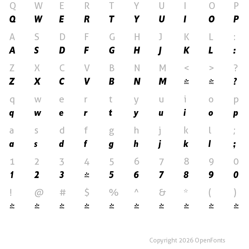 Character Map of FONTSPRING DEMO - DelargoDTCond Bold Italic