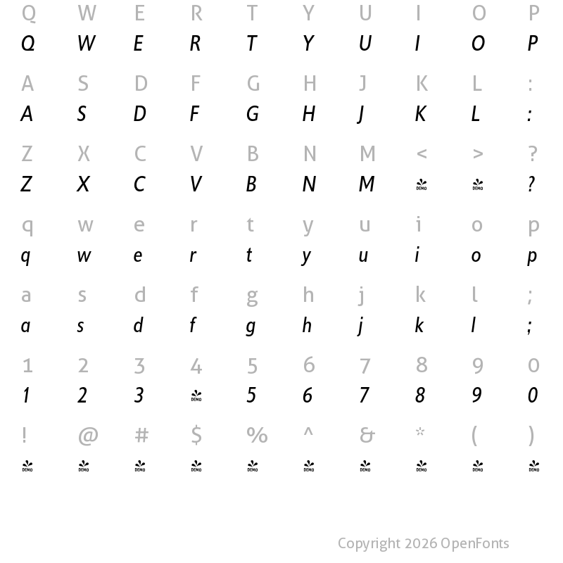 Character Map of FONTSPRING DEMO - DelargoDTCond Italic