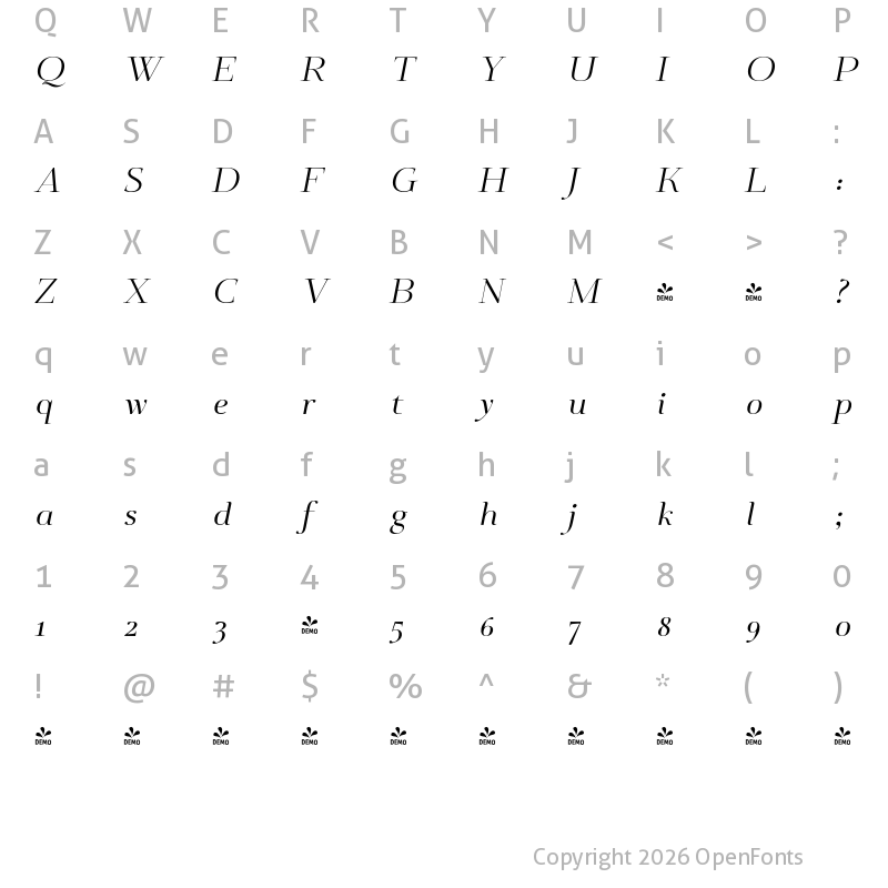Character Map of FONTSPRING DEMO - Deleplace Italic
