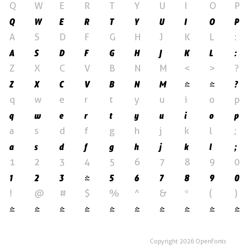 Character Map of FONTSPRING DEMO - Delfino Bold Italic