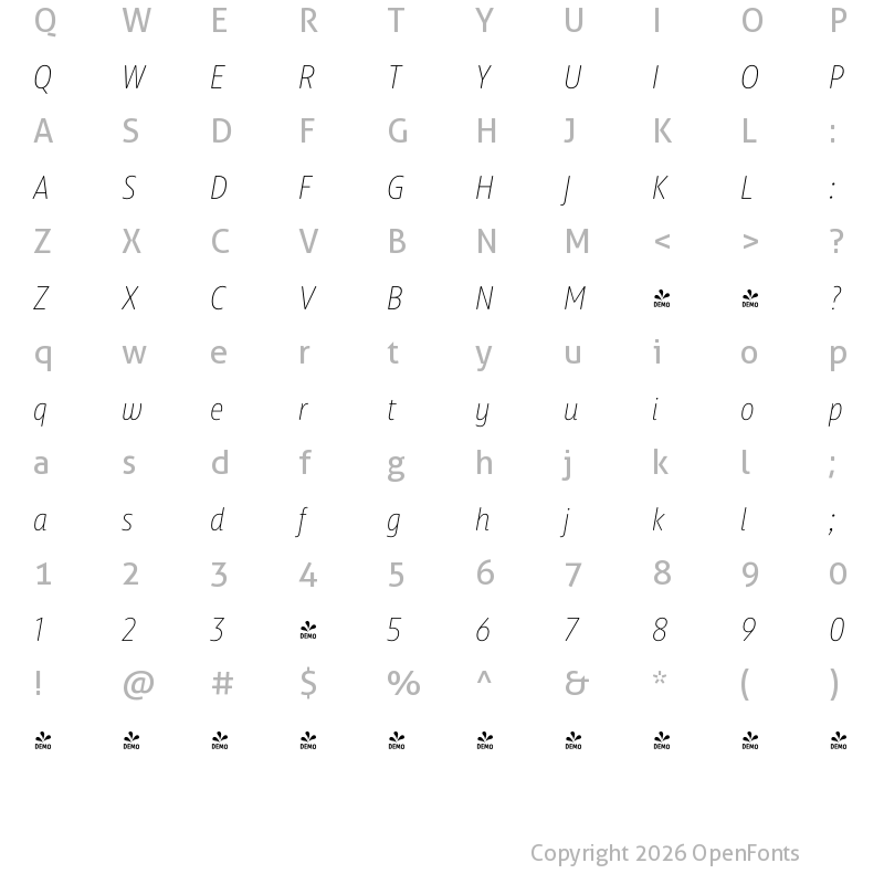 Character Map of FONTSPRING DEMO - Delfino UltraLight Italic