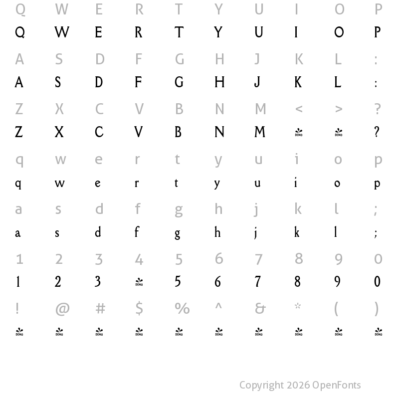 Character Map of FONTSPRING DEMO - Della Robbia Cond Bold