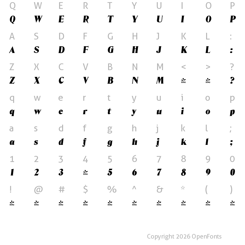 Character Map of FONTSPRING DEMO - Denver Serial Black Italic