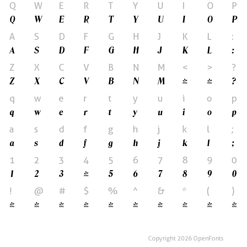 Character Map of FONTSPRING DEMO - Denver Serial Xbold Italic