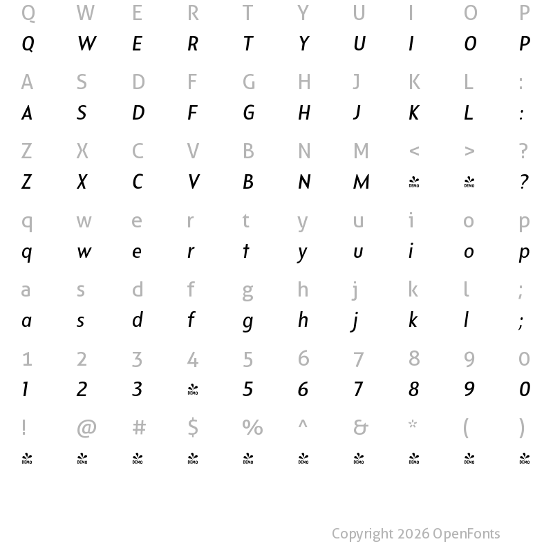 Character Map of FONTSPRING DEMO - Departura Med Italic