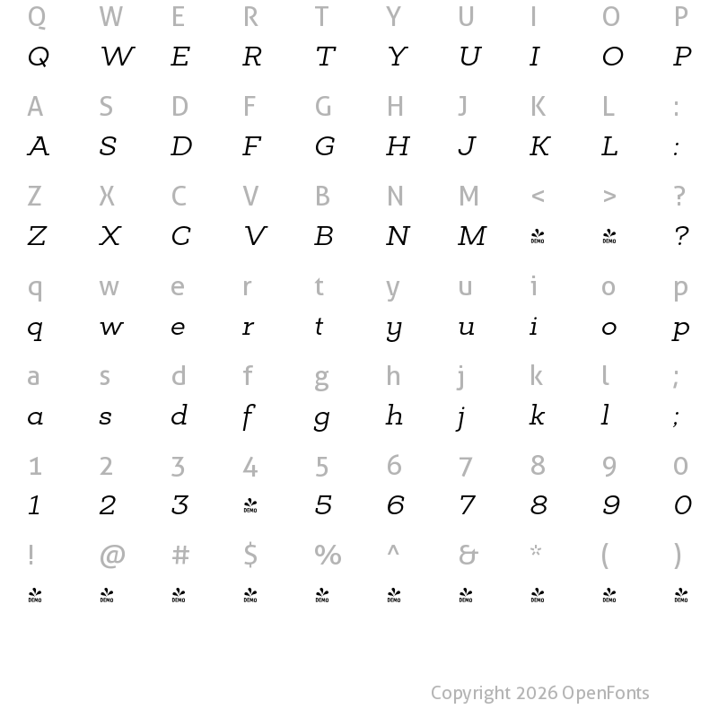 Character Map of FONTSPRING DEMO - Deposit Pro Italic