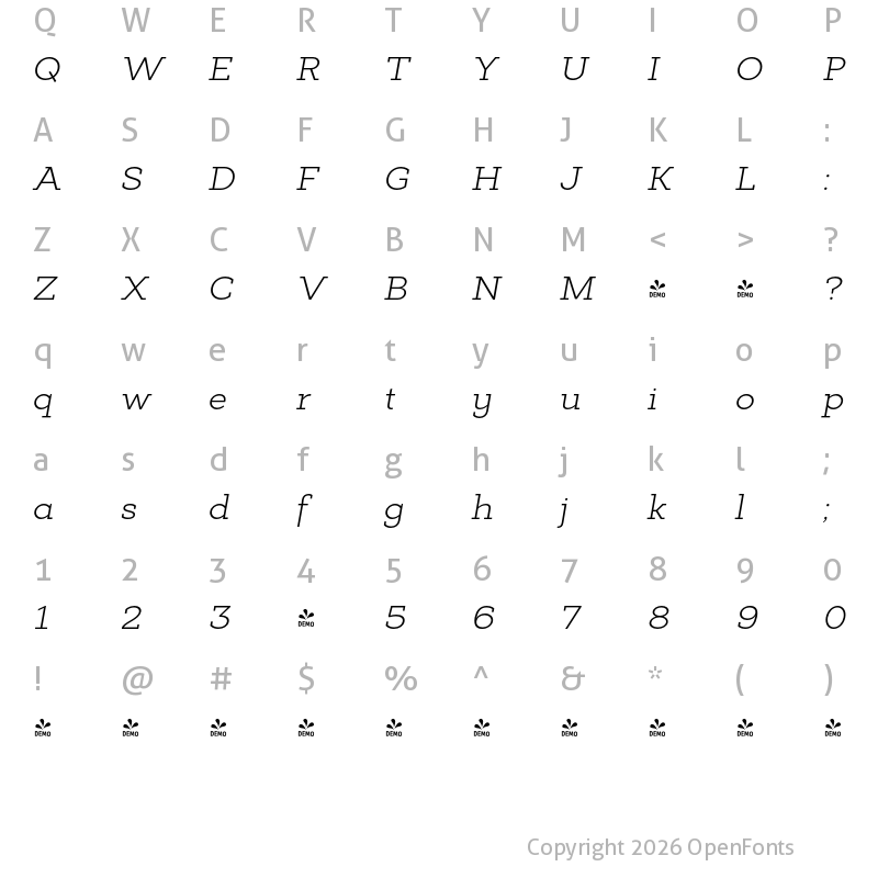 Character Map of FONTSPRING DEMO - Deposit Pro Lt Italic