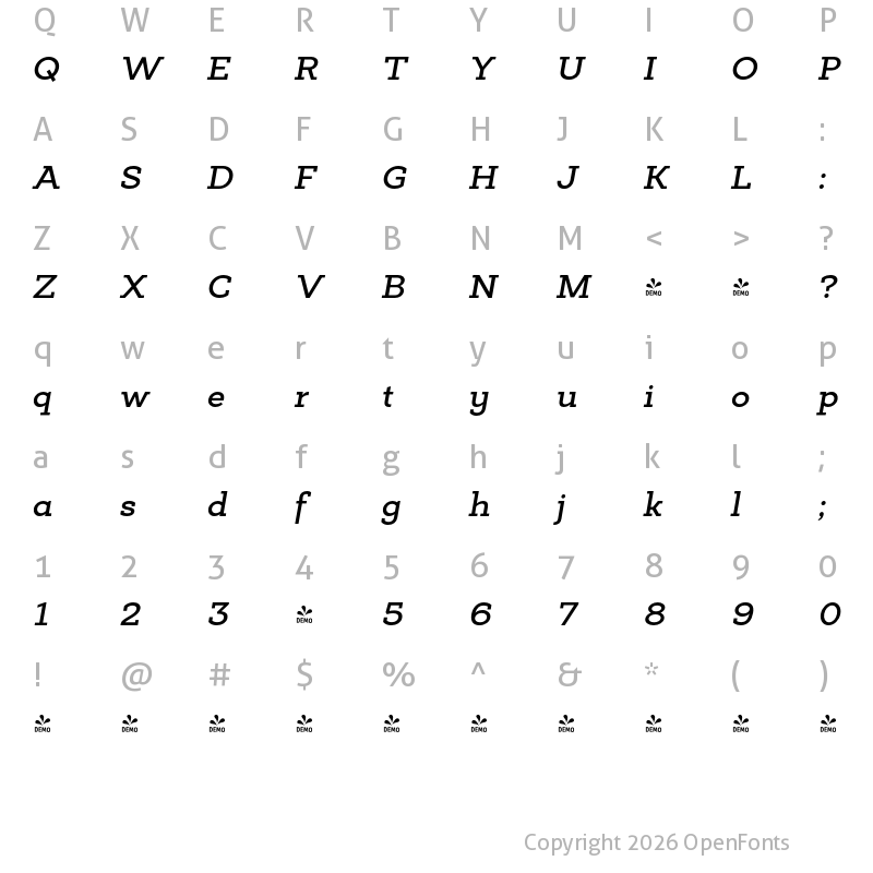 Character Map of FONTSPRING DEMO - Deposit Pro SmBd Italic