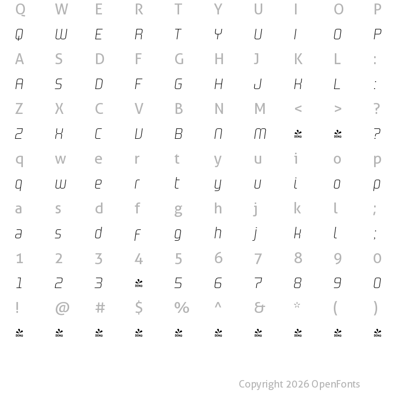 Character Map of FONTSPRING DEMO - Design System A 100I Regular