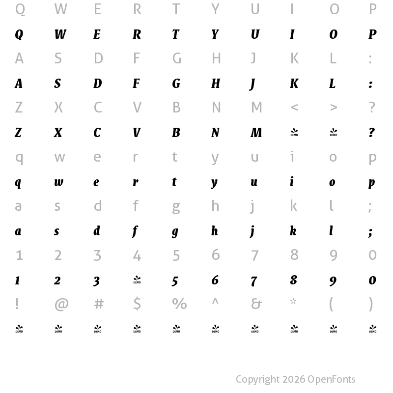 Character Map of FONTSPRING DEMO - Destra Black Italic