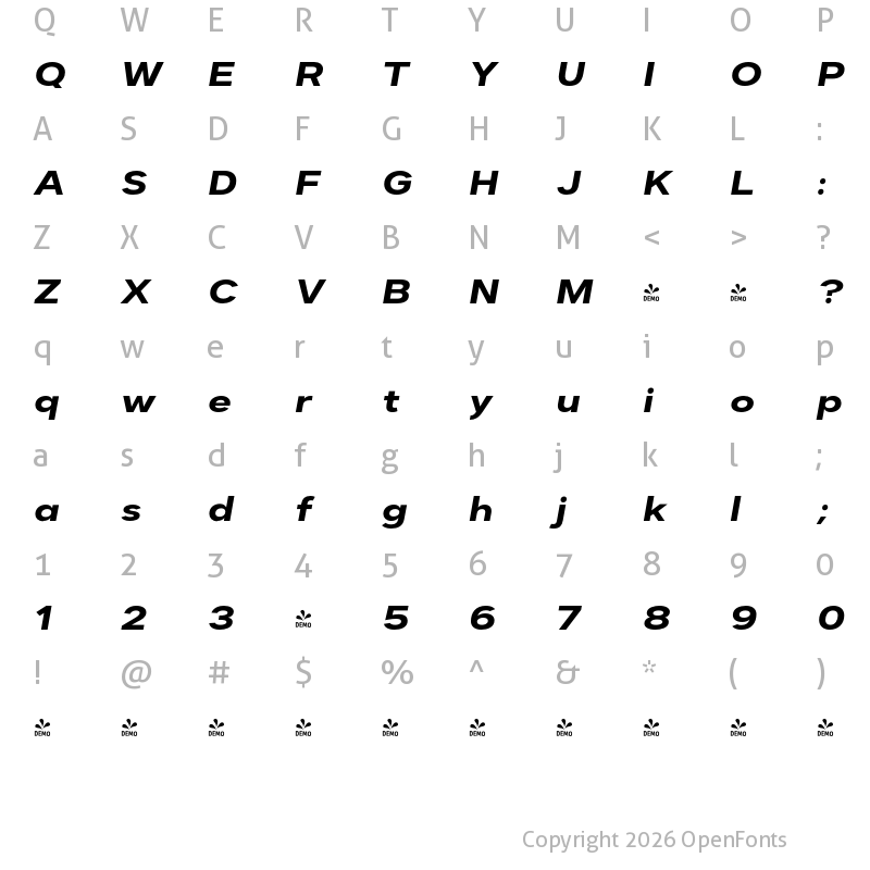 Character Map of FONTSPRING DEMO - Dexa Pro Ex Bold Italic